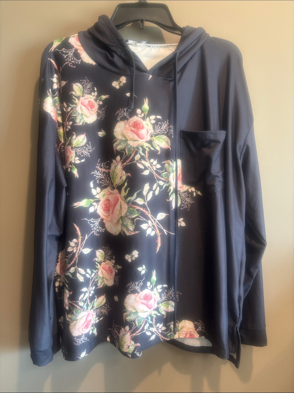 Lily Navy Hoodie with Pink Rose Floral Print